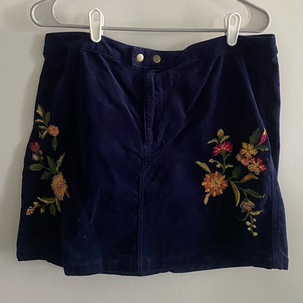 Navy Corduroy Embroidered Skirt